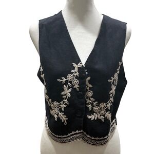 Vintage Express Embroidered Black Vest Sz S Sleeveless Boho Cottagecore Floral